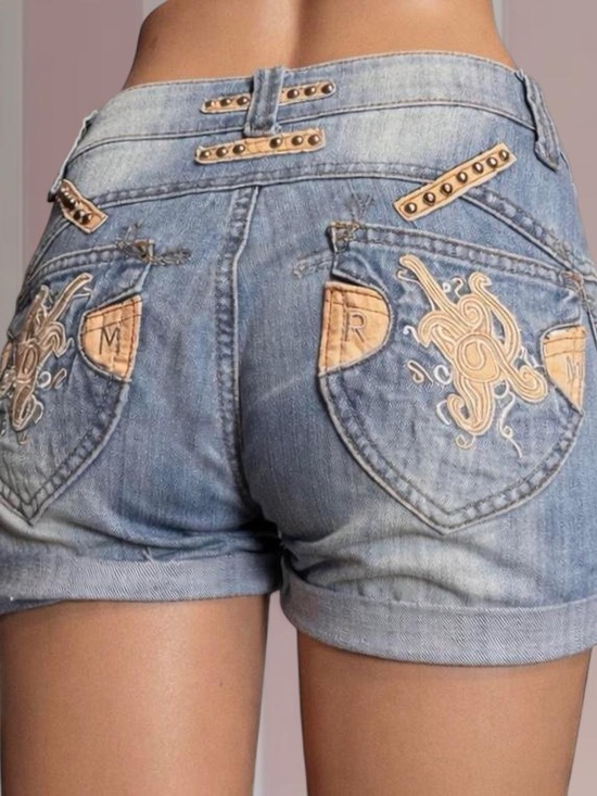 Pants - Blue/Beige Detail Y2K Denim Shorts